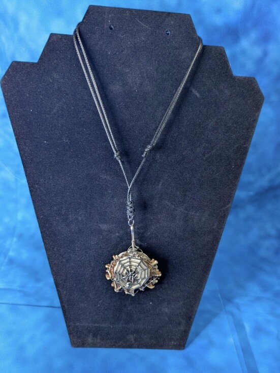 Jewelry - Handmade Silver Tone Spiderweb And Wood Necklace Adjustable Cord